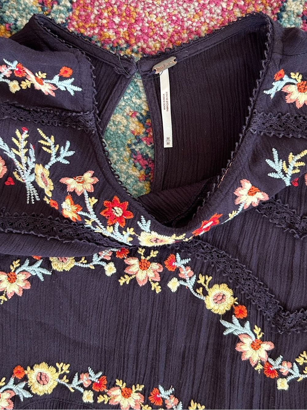 Free People | Women’s Black Floral Embroidered Long Sleeve Boho Pasadena Dress M - Picture 11 of 16